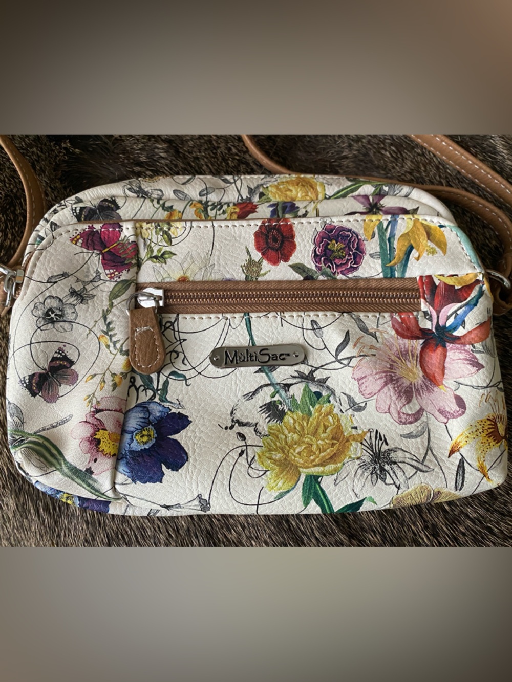 MultiSac Vegan Leather Floral Cream Crossbody Bag with Multicolor Blooms
